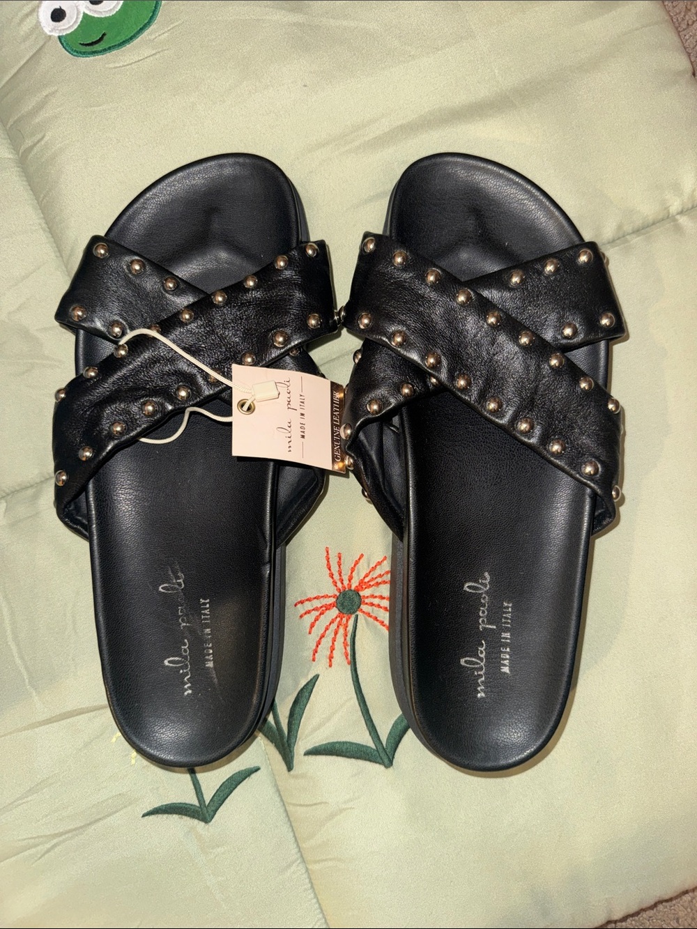 Mila Paoli Black Studded Crisscross Slide Sandals
